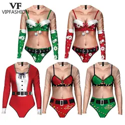 VIP FASHION Women Christmas Bodysuit Bikini Pattern Swimwear Xmas Zentai Suit Holiday Party Cosplay Costume Long Sleeve Swimwear