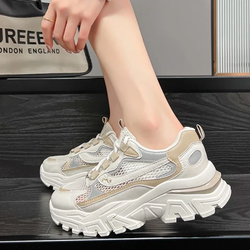 

2025 Summer Trendy Dopamine Style Women's Hollow Out Mesh Height Boosting Casual Shoes White
