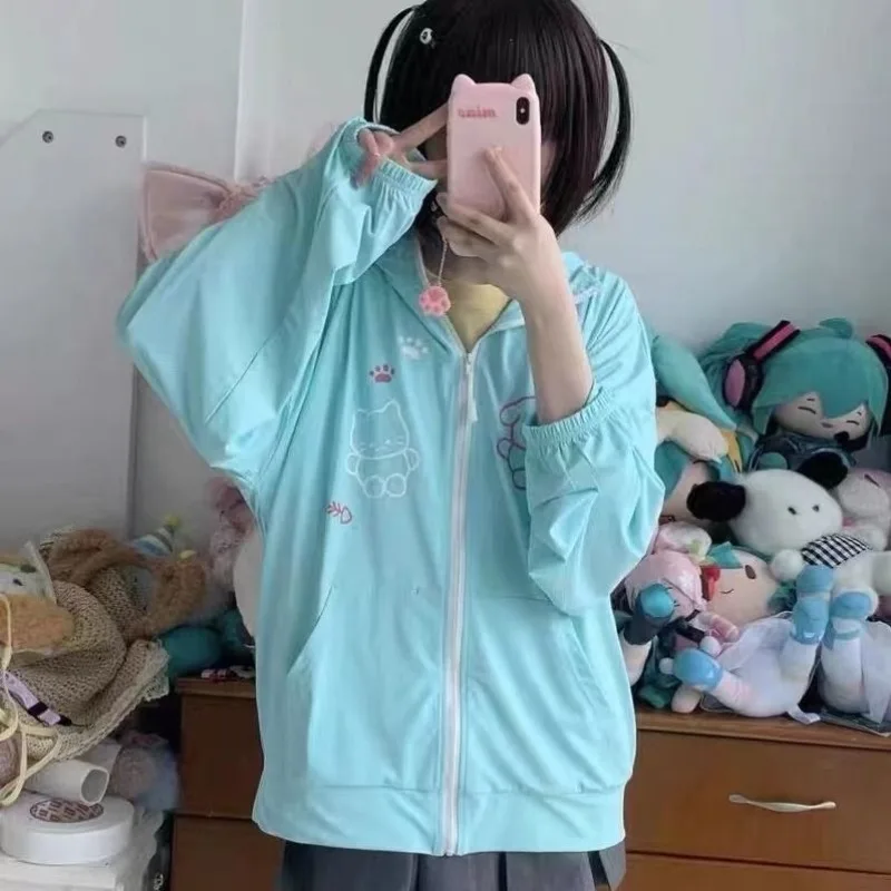 Women Cardigan Jacket Cute Kawaii Prints Zipper Sweatshirt Hooded Coats Pink Sunbreakers Tops Woman Clothing Y2K Streetwear Thin