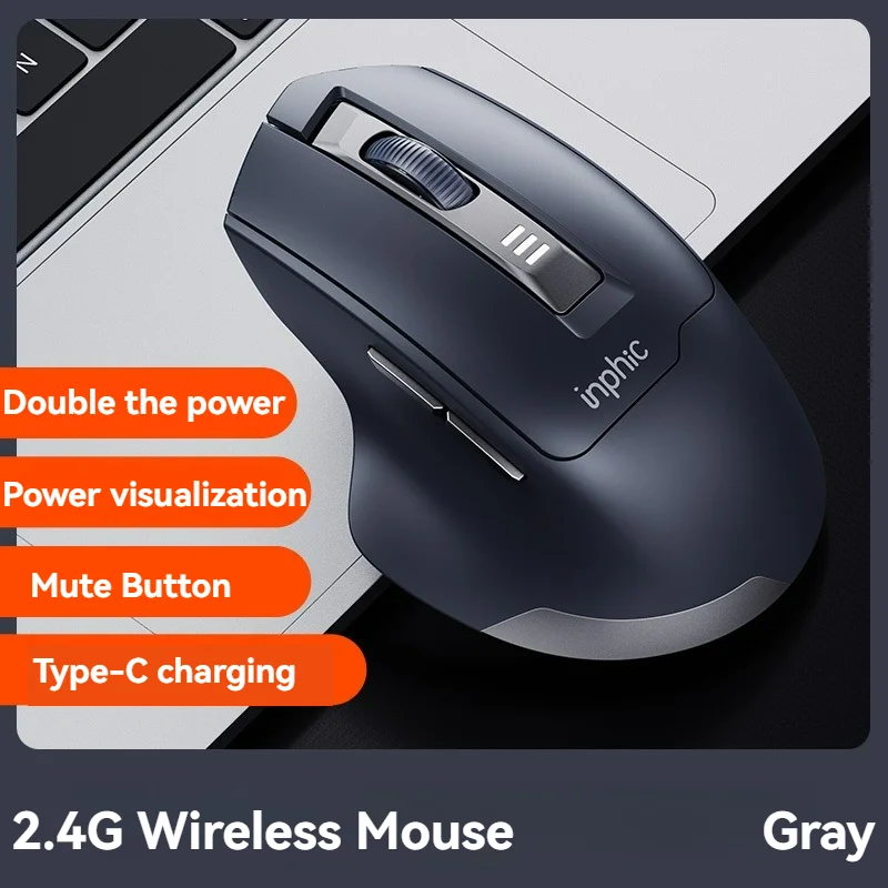 Inphic M9 Wireless Mouse 2.4G USB Receiver Rechargeable Type-C Mute Button Power Visualization Ergonomic Office Universal Mouse