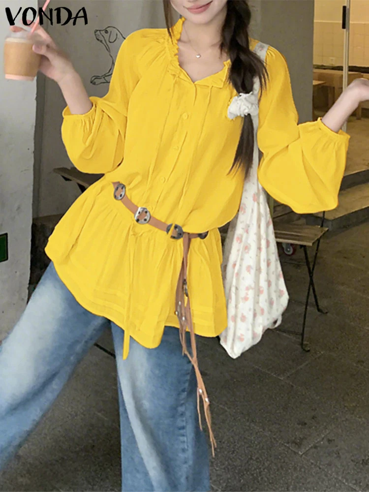 

VONDA элегантные женские рубашки-туники, осень 2025 г., однотонные топы с длинными пышными рукавами, повседневные свободные повязки на талии с рюшами OL Blusas Femininas