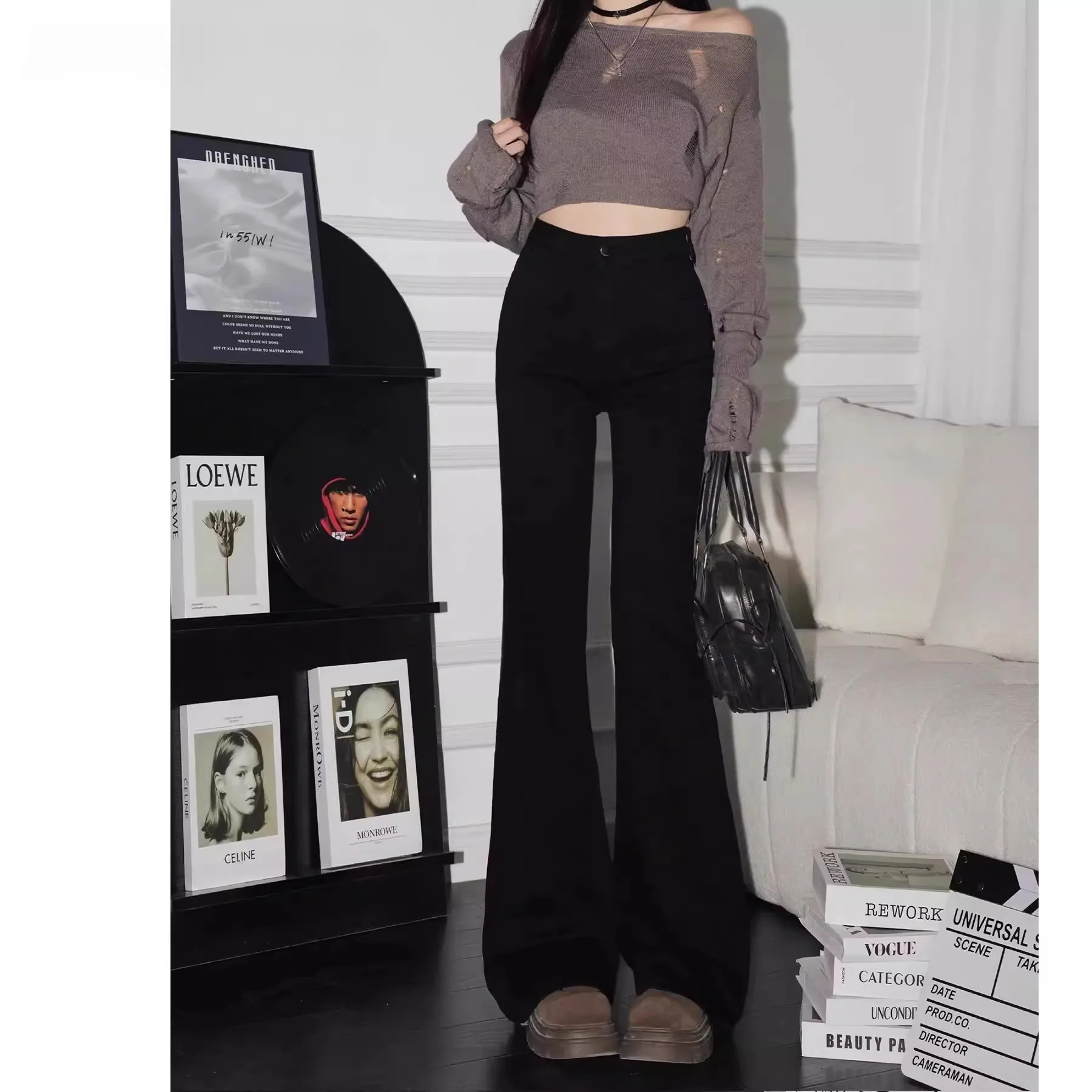 

Spring Summer 2025 High Waist Bell Bottom Jeans Women's Loose Fit Elastic Black Denim Pants Casual Wear Resistant Wear