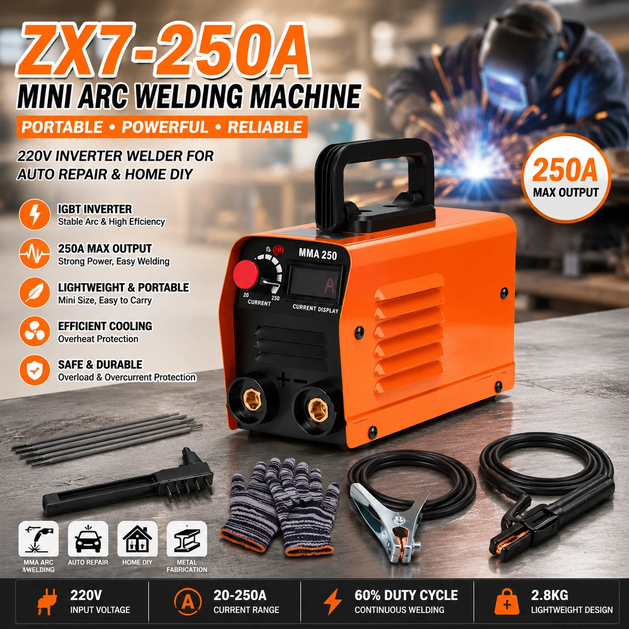 Mini soudeuse à onduleur 220V, équipement de soudage électrique IGBT pour la réparation automobile et le bricolage à domicile, machine de soudage à l'arc MMA portable ZX7-250A