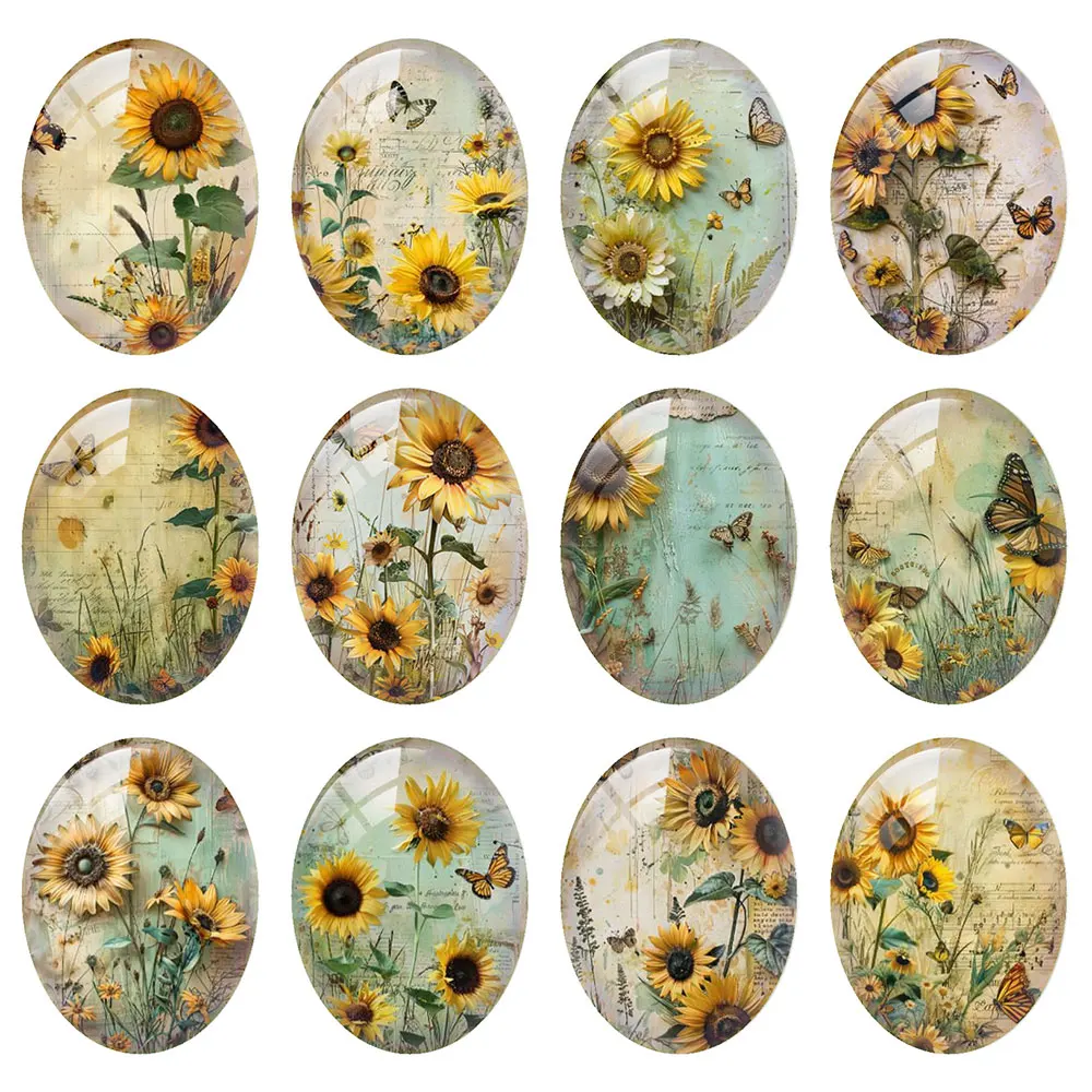 Random Mixed Round/Oval/Square Sunflower Butterflies Plants Photo Glass Cabochon Flatback Demo Cameo For Diy Jewelry Making