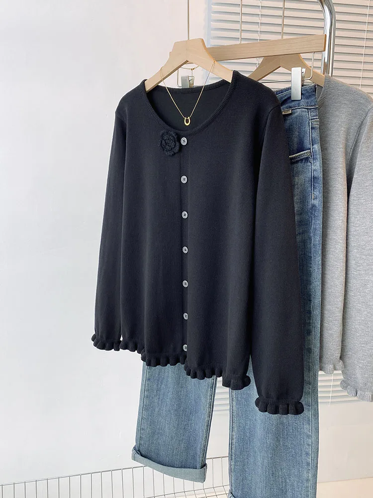 حجم كبير المرأة محبوك بلوزة فضفاضة مع انتفض تنحنح ثلاثية الأبعاد زهرة تصميم الخريف الشتاء معطف شتاء للأخوات طبطب #4