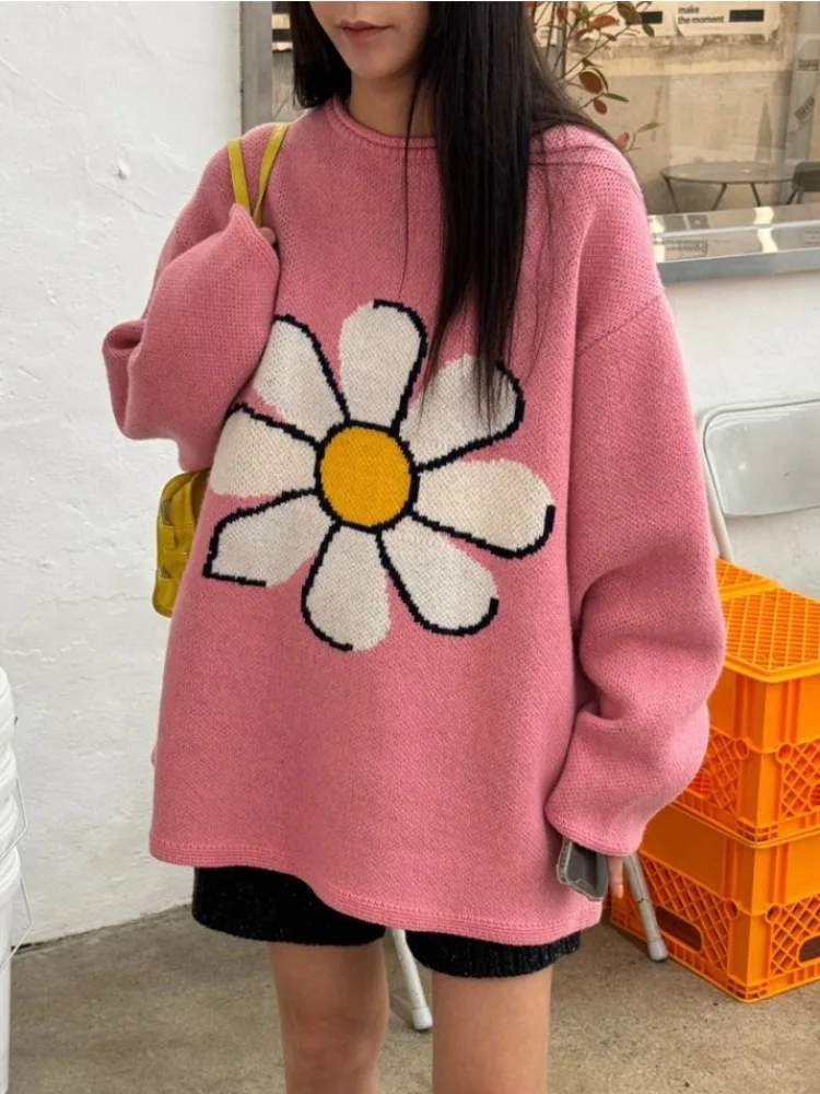 

Свободный длинный вязаный свитер Sve, женский повседневный свитер с цветочным узором Lazy Faion, осенне-зимнее новое поступление от Dongda Gate