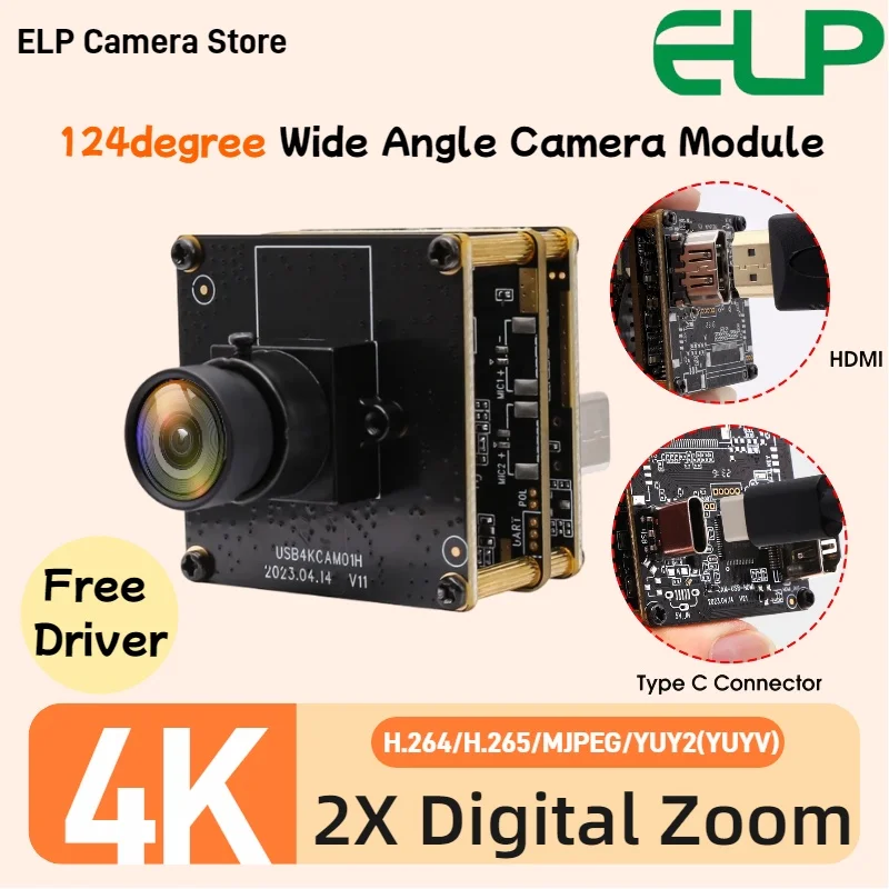 ELP 4K HDMI USB Industrial Camera IMX415 120° Wide Angle Lens H.265/H.264/MJPEG/YUY2 for Machine Vision & Industrial Inspection