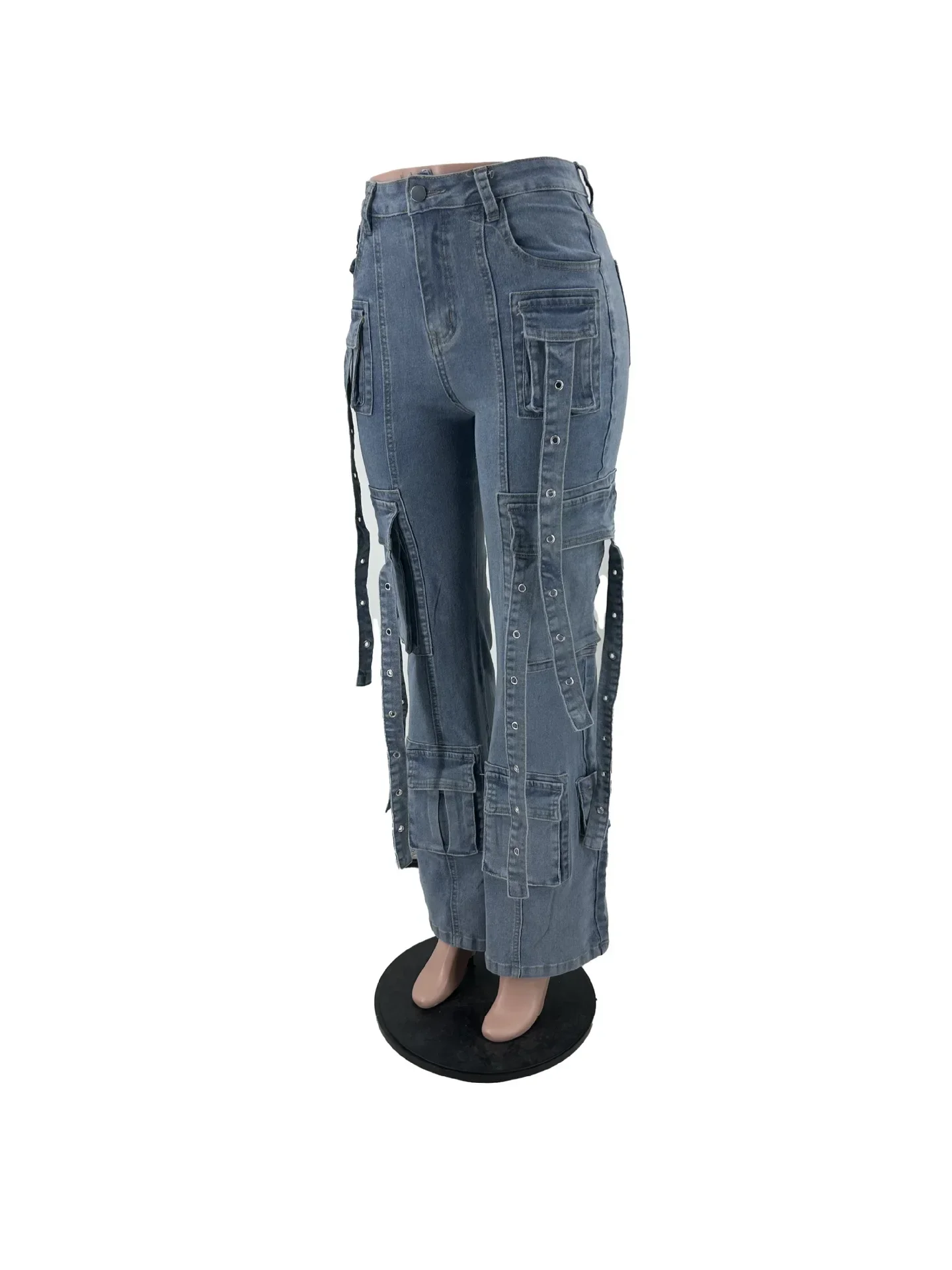 Pantaloni in Denim Multi tasche in vita elasticizzata con coulisse stile Safari da donna 2024 pantaloni Jeans Cargo moda Street INS