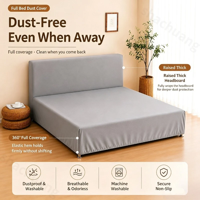 Full Coverage Bed Dust Cover with Headboard Cover Stretch Elastic Breathable Washable Bed Protector for Traveling Business Trip