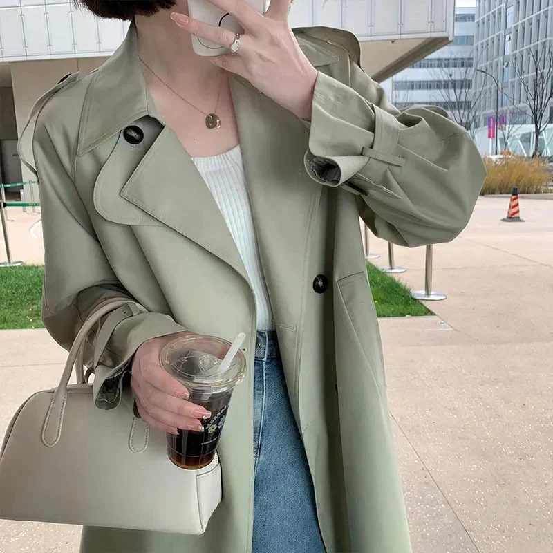 

2023 New Fashion Woman Trench Windbreaker with Belt Bean Green Pockets High Street Chic Long Autumn Jacket Female Outwear