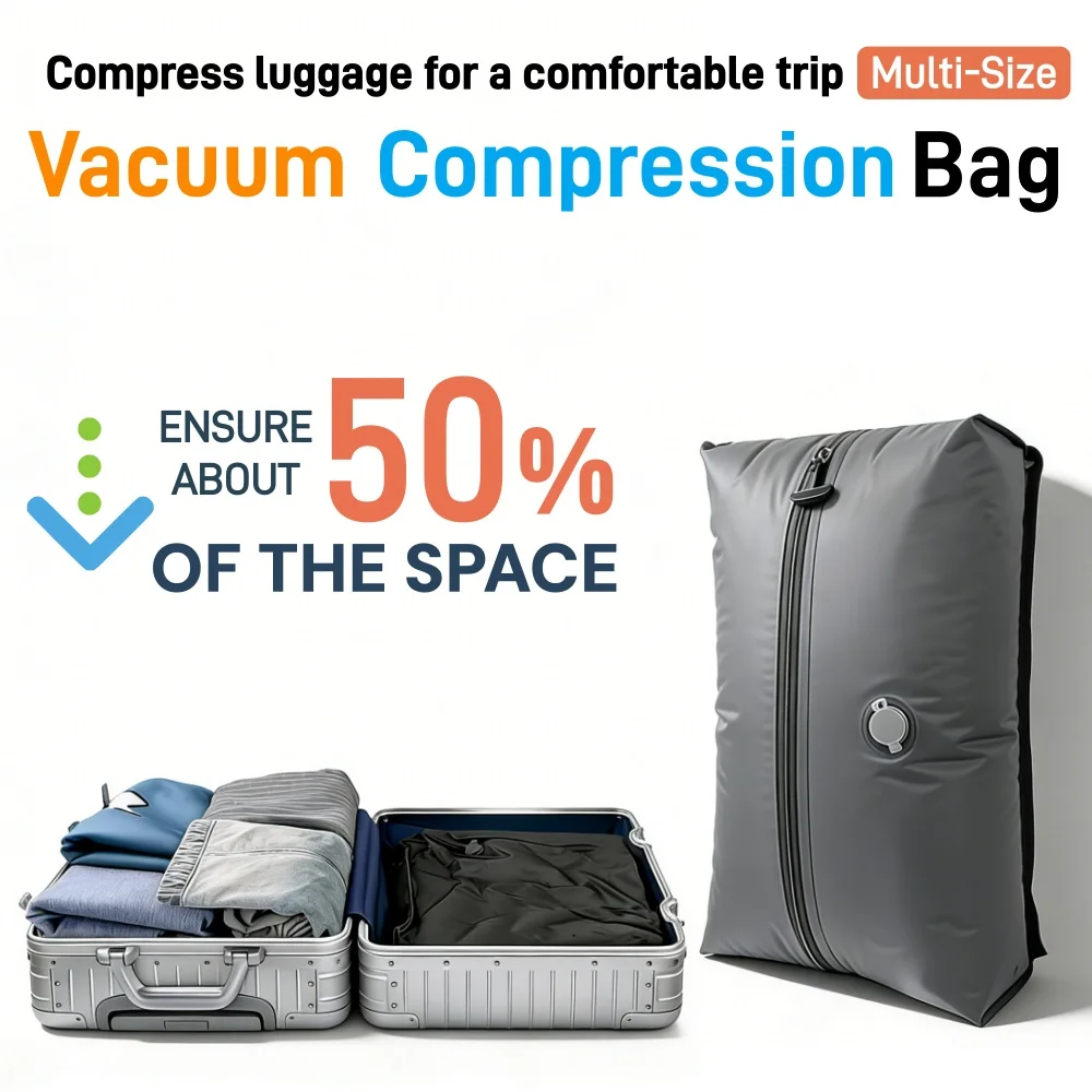 Portable Vacuum Compression Bags for Travel, Space Saving Bag with Hand Pump, Waterproof Clothes Organizer for Suitcase Backpack