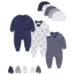 2023 New Born Baby Girl Clothes 2-Way Zipper Romers 0-6M Long Sleeve 100% Cotton Baby Boy Clothes Hats and Mittens Set Bebes