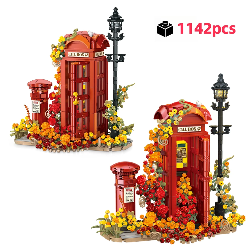 

1142Pcs Vintage Red Phone Booth Model Kit Building Blocks Set Classic Mailbox Floral Light 3D Desktop Decoration MOC Style Gift