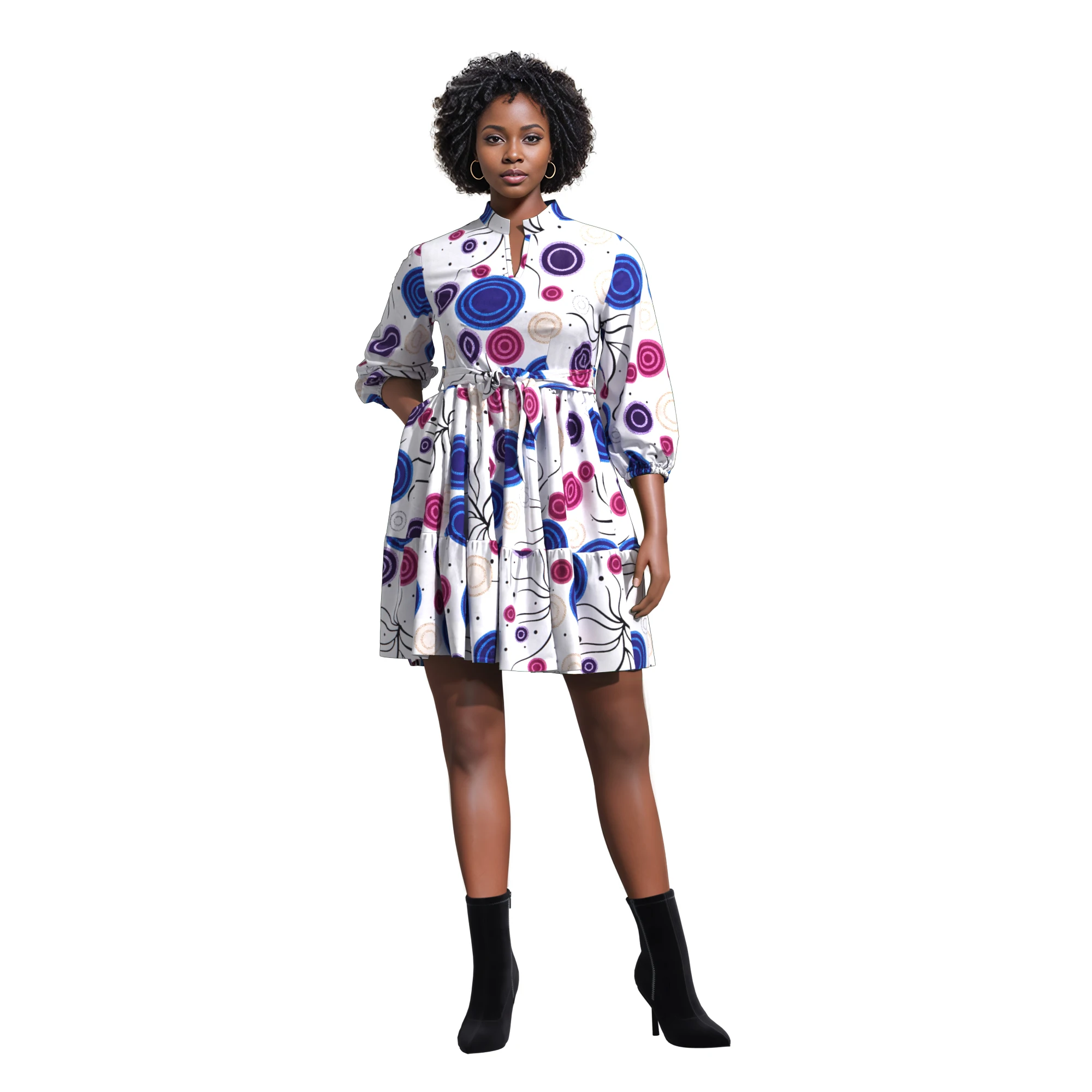 

African Dresses for Women Femmel 3/4 Sleeve Knee Length Ankara Dress Dashiki Party Clothing for Women Stand V Neck Wy11131