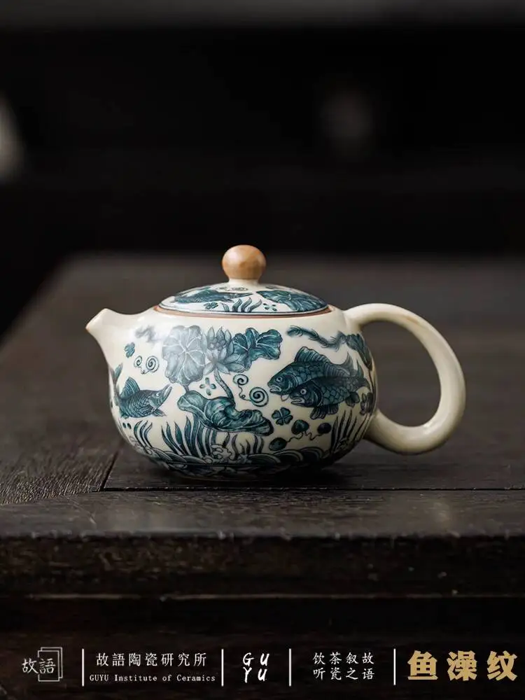 

Vintage Blue White Ru Kiln Crackle Glaze Teapot For Home Use, High-End Kung Fu Tea Set, Gift-Giving, Chinese-Style Fish And