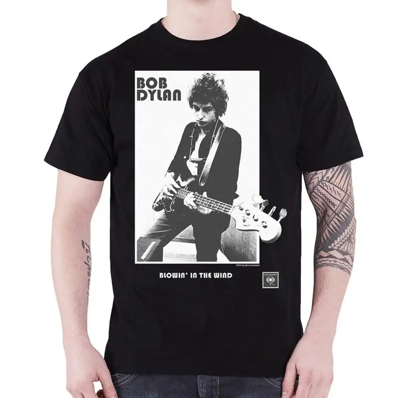 Bob Dylan T-Shirt Blowing In The Wind Kontrastband Logo Offizielles Herren Neu Schwarz