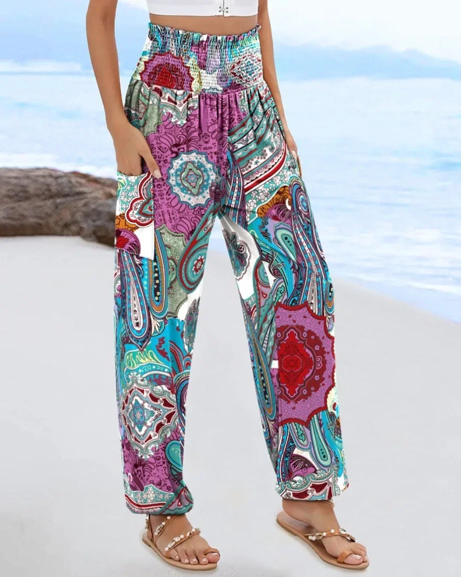 Damen Boho Bedruckte Haremshose mit Hoher Taille, Elastischem Bund, Seitentaschen, Lockere Hose für Strandurlaub und Freizeit – Detail 17