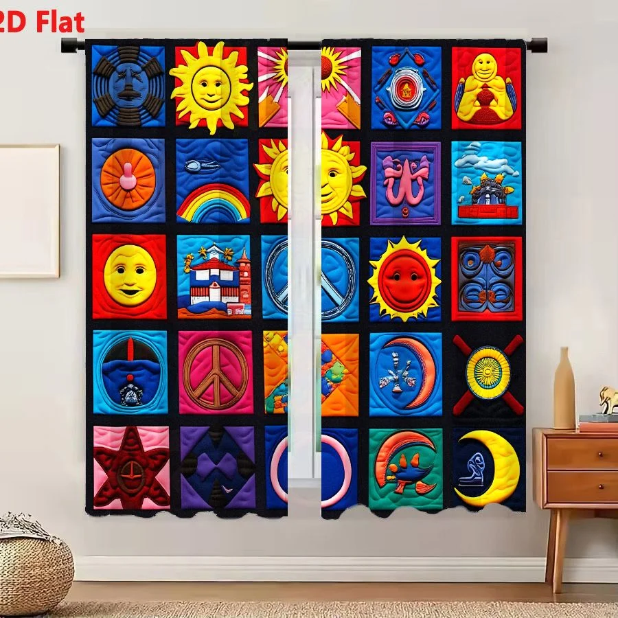 2Pcs Curtains 2D Flat Twenty Five Colorful Quilted Art Panels Featuring Suns Faces Symbols And Landscapes In Playful Pop Style W