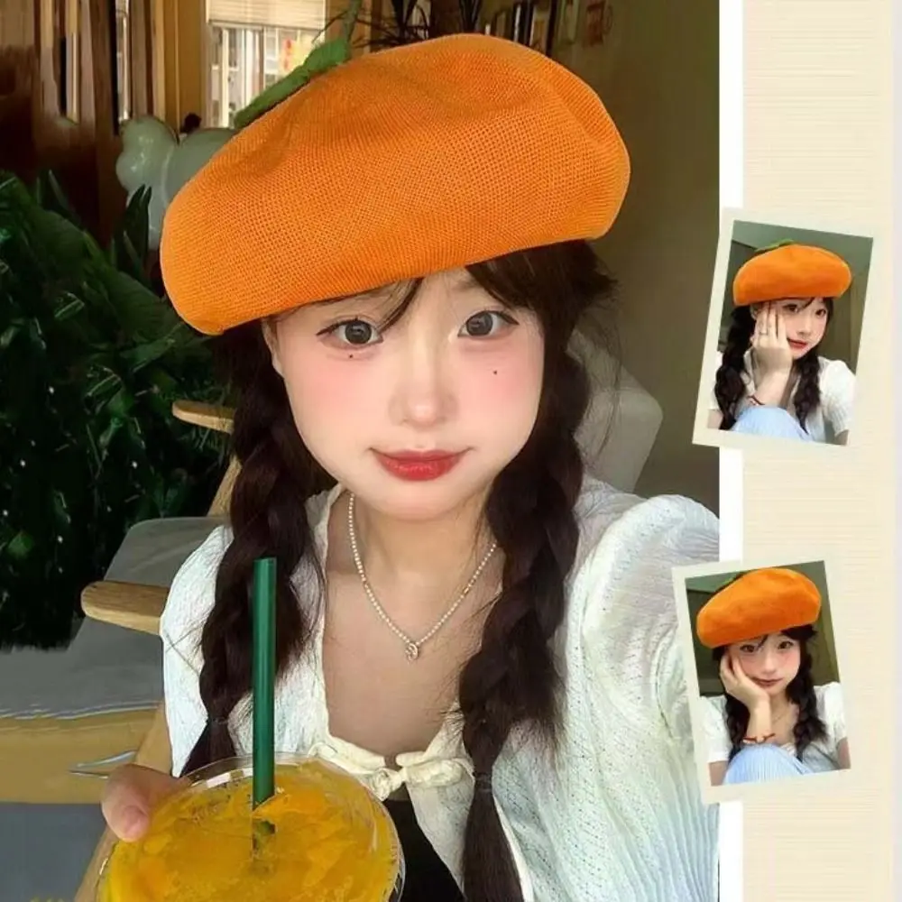Fashion Pink Peach Girl Painter Hat Little Leaf Orange Beret Fruit Caps Breathable Fresh Cute Beanie Beret Cap Female Lady