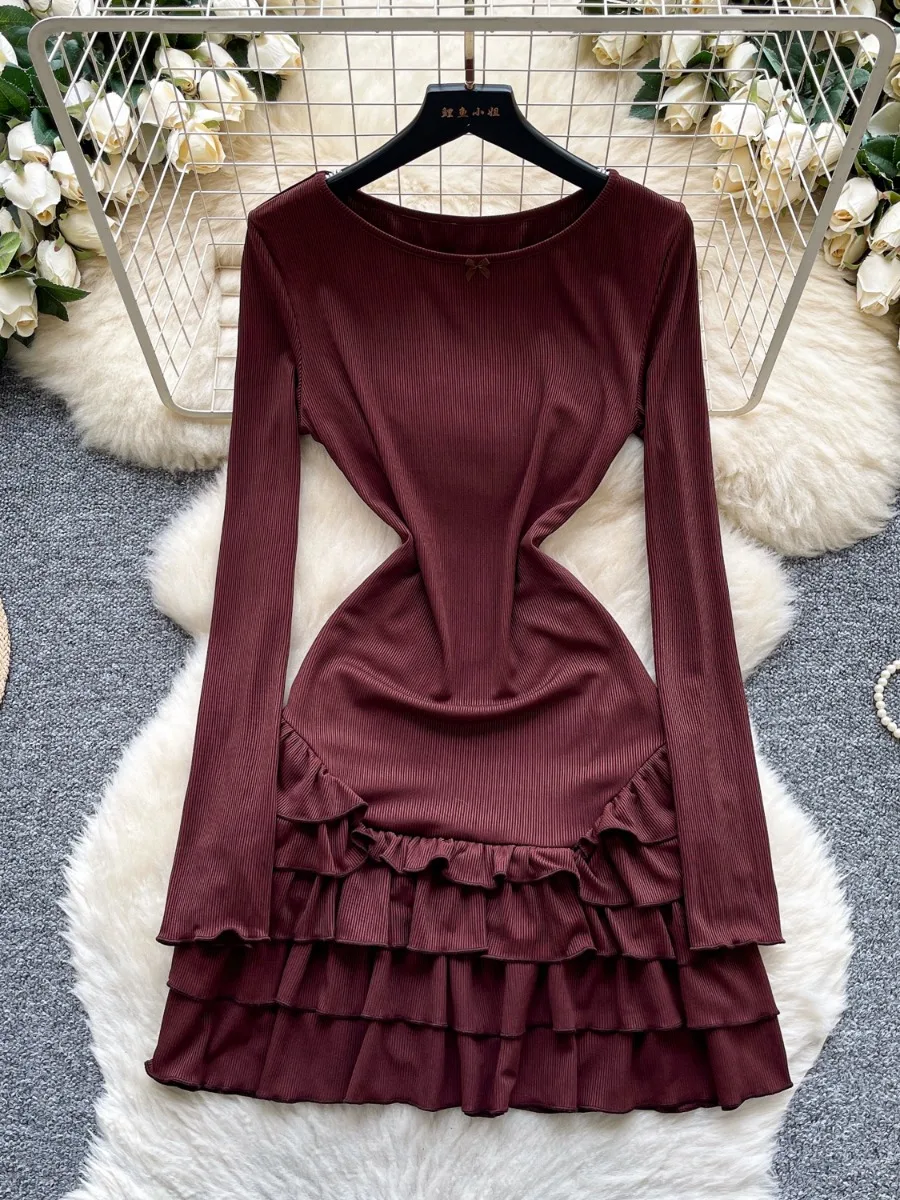 Foamlina francês vintage manga longa vestido de malha outono fino ajuste sofisticado projetado elegante em camadas mini saia vestido