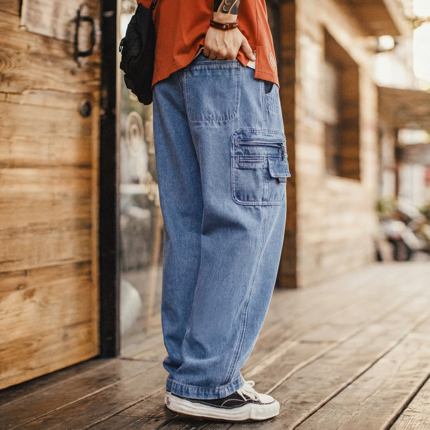 Maden Men's 10.5oz Denim Workwear Cargo Jeans Loose Fit Japanese Style Spring Fall Washed Trousers With Side Tool Pockets
