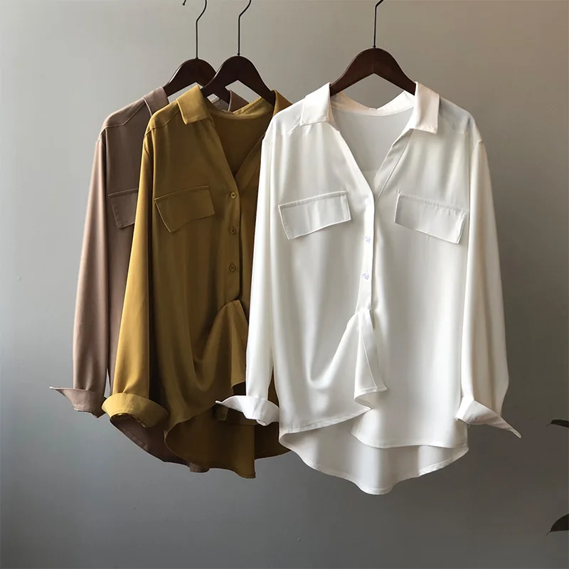 

Spring and Autumn New Korean Version Retro Simple Shirt Women's Solid Color Temperament Slim Long Sleeve Shirt