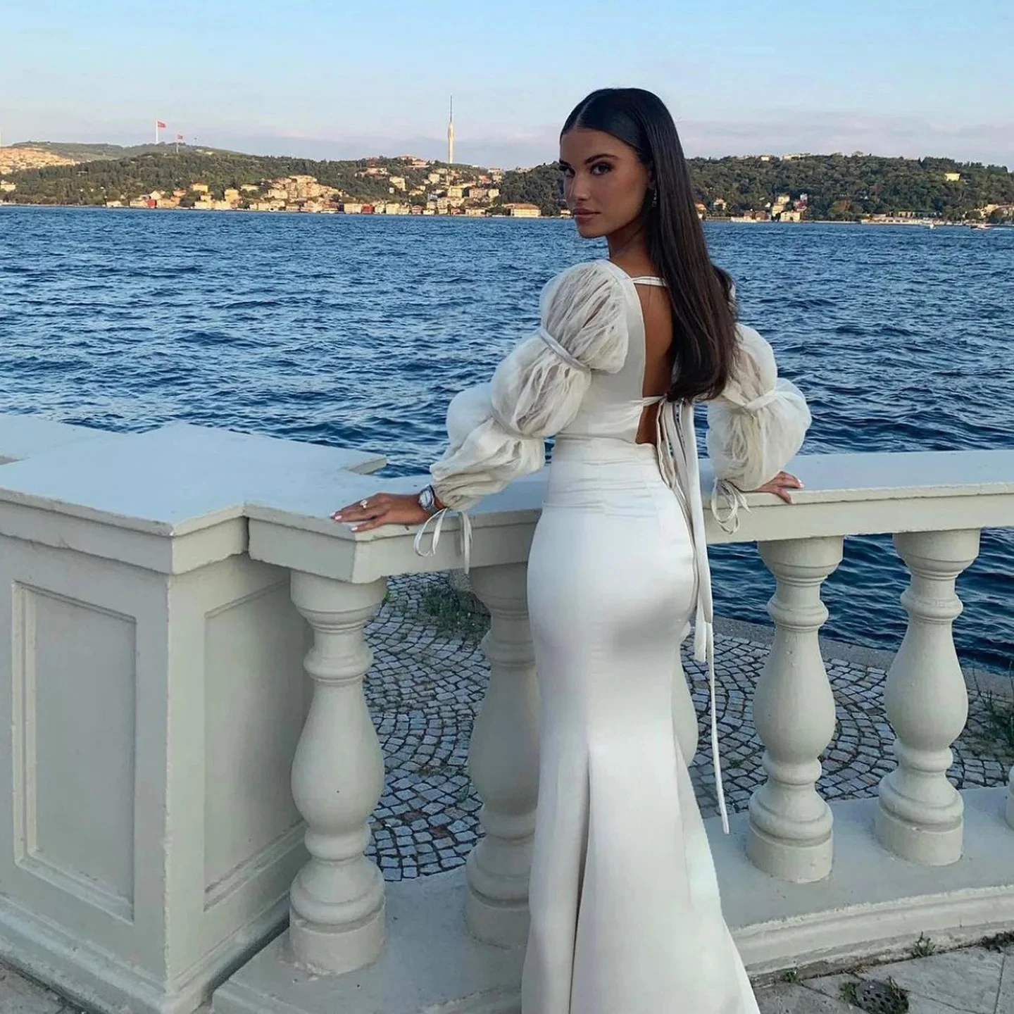 Jancember Off White Mermaid Evening Dress With Puff Sleeves Dubai Luxury Arabic Women Wedding Dresses Party Gowns Sf021