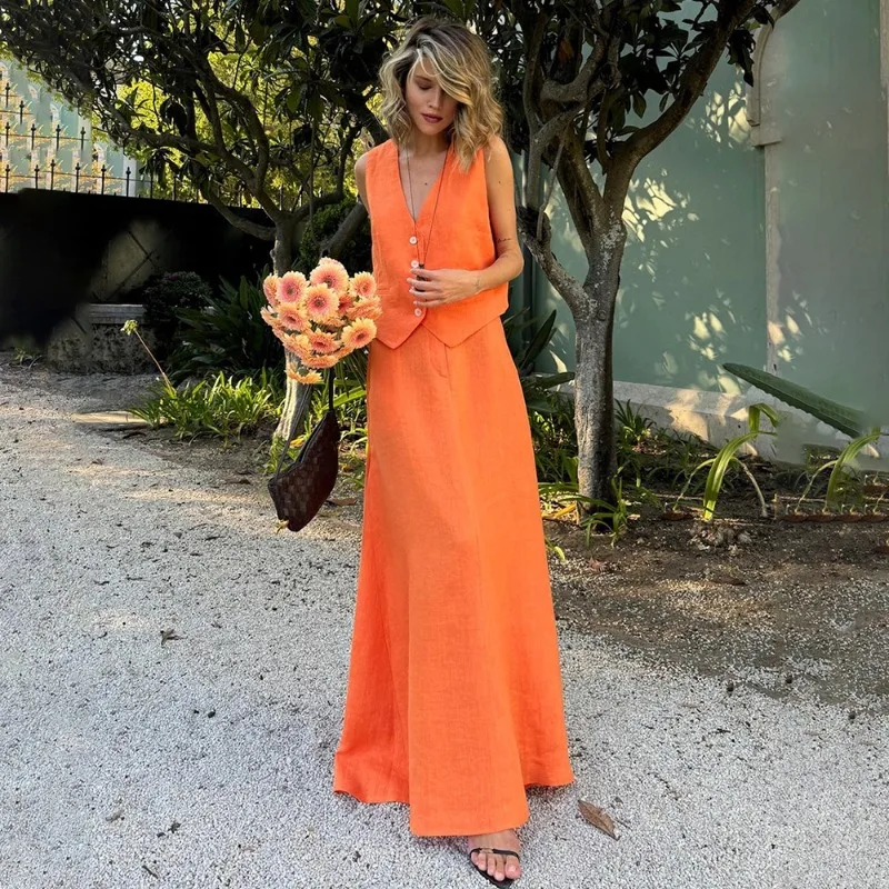 Tuularose Beiläufige Lange Kleid Sets Sommer V-ausschnitt Weste Top Hohe Taille Langen Rock Set Lose Pendler Urlaub Neue Frauen Kleid Sets