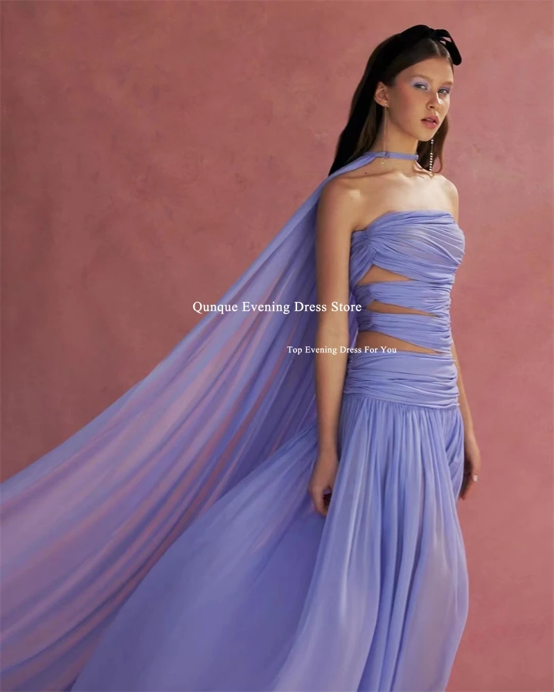 Qunque Purple فساتين سهره Customized Chiffon Evening Dresses See Through Exposed Pleat Long Party Dress Fashion Cape Prom Dress