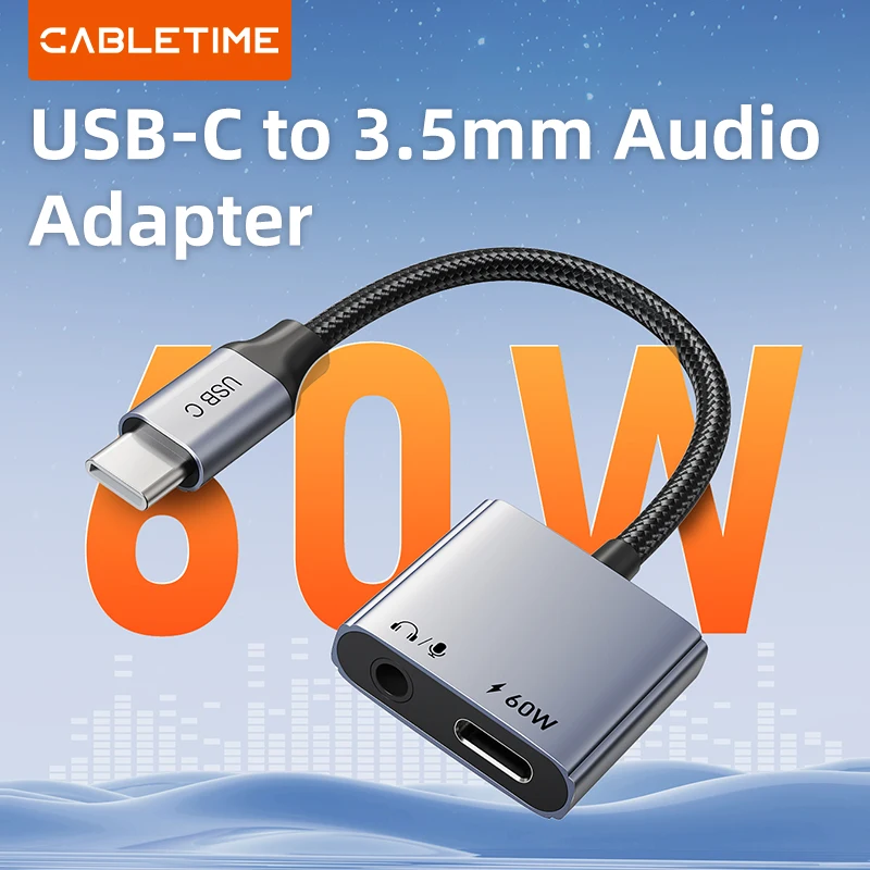 CABLETIME USB C to 3.5mm Audio Adapter USB C Headphone and Charger 2-in-1 PD 60W Fast Charger Adapter Hi-Fi for IPhone Xiaomi