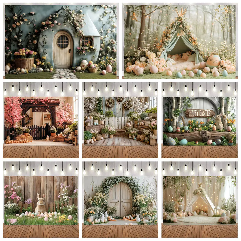 Happy Easter Day Photography Backdrop Spring Colorful Eggs Rabbit Rusitc Wooden Wall Fence Floral Bunny Party Decor Backgrounds