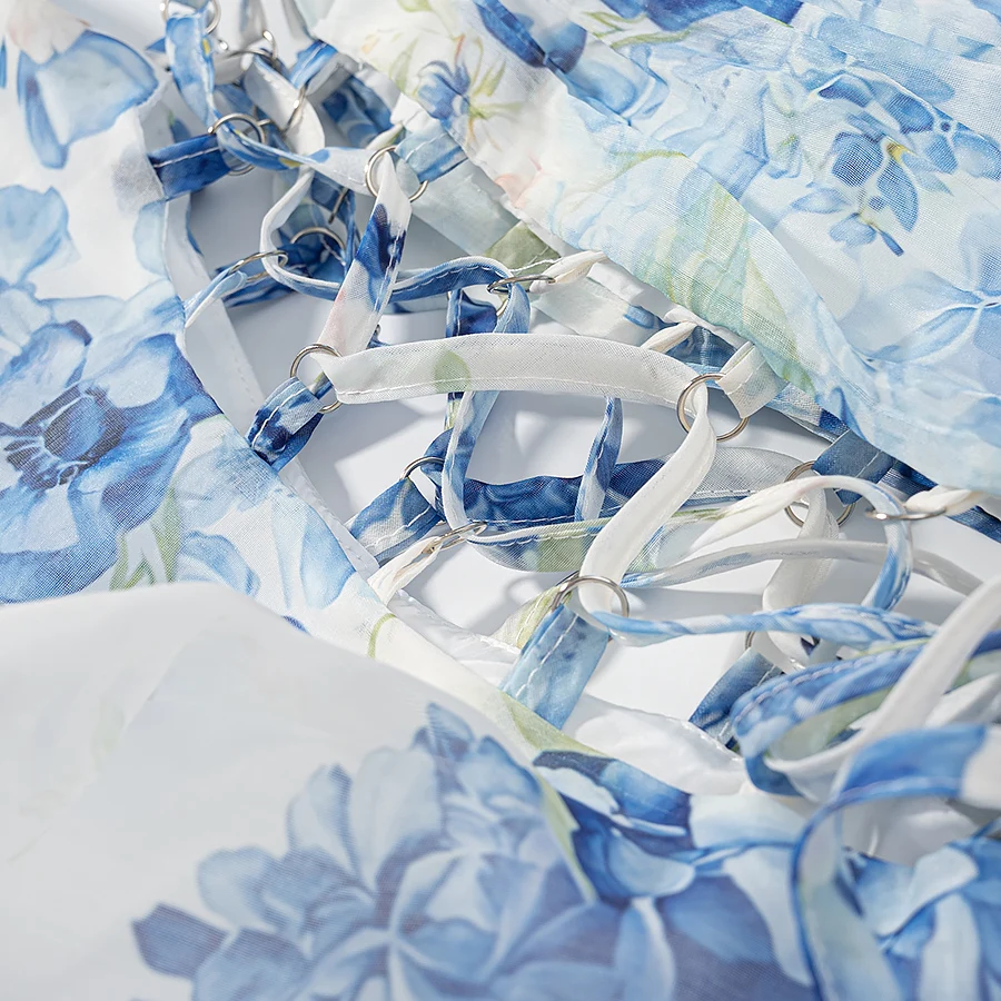 セクシーな青と白の花柄プリントミニワンショルダードレス、女性用クロスレースアップ包帯ボウホローアウトウエストスイングノースリーブドレス