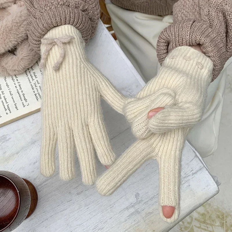 Korea Knitted Bow Gloves Lolita Winter Warm Fullfinger Touch Screen Gloves Kawaii Japanese Jk Y2k Mittens Cycling Accessories