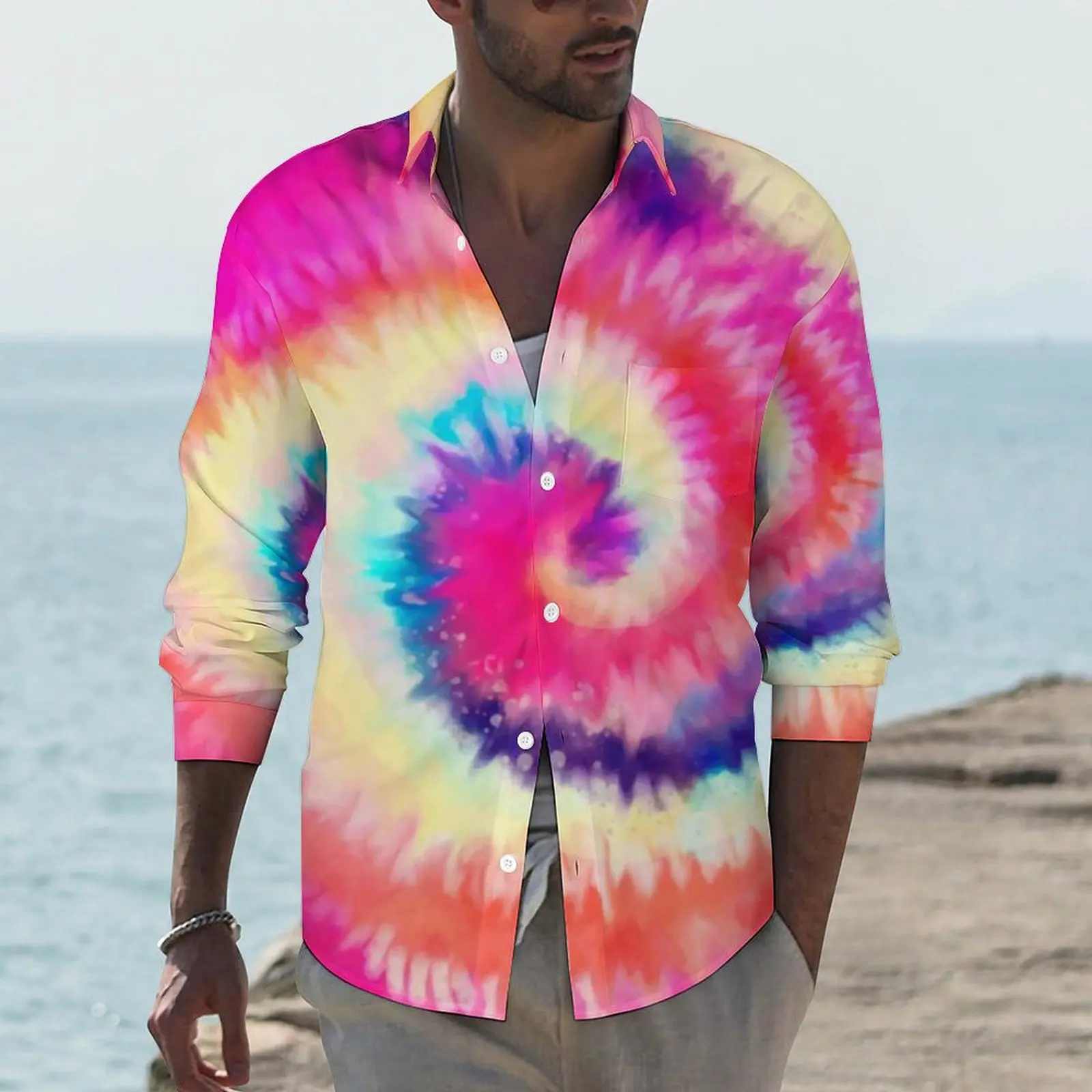 Ombre Tie Dye Shirt Male Rainbow Swirl Pink Yellow Casual Shirts Autumn Street Style Design Blouses Vintage Oversized Clothing