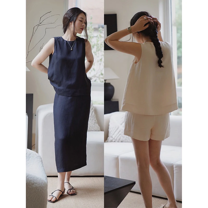 

Acetate Linen Svel round Ne Vest And Skirt Set Women's Faion Summer Outfit ort Pants with Slits Straight Hem