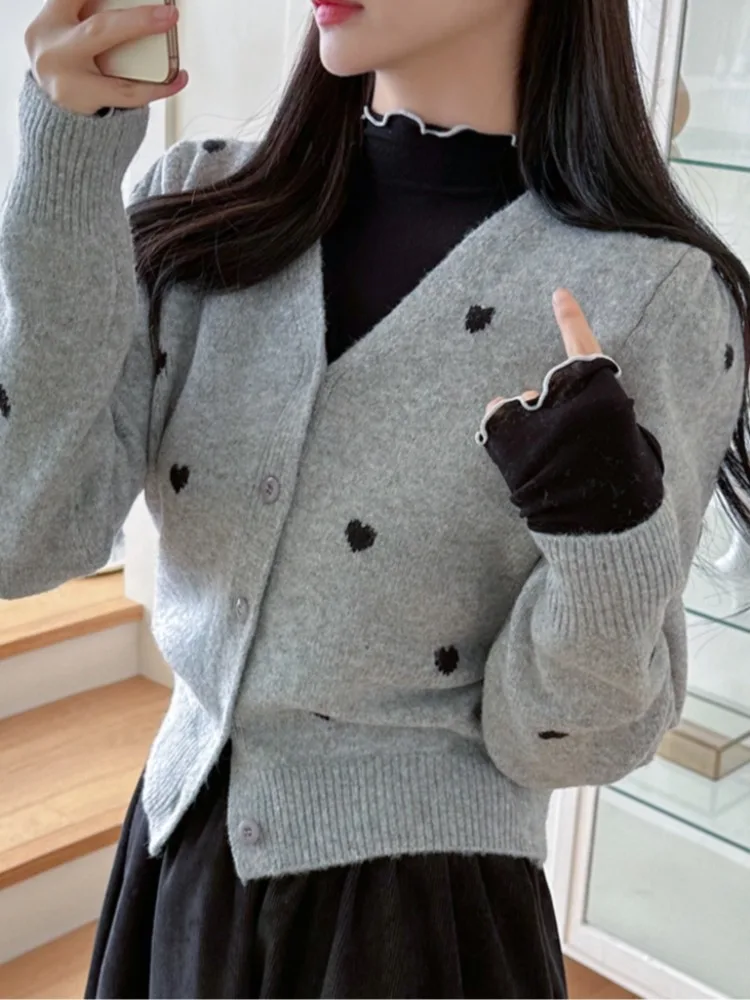 

Chic V-Ne Sweet Color Blo Heart Knitted Open Cardigan Spring Autumn Women's Sweater Embroidered Floral Contrast Color