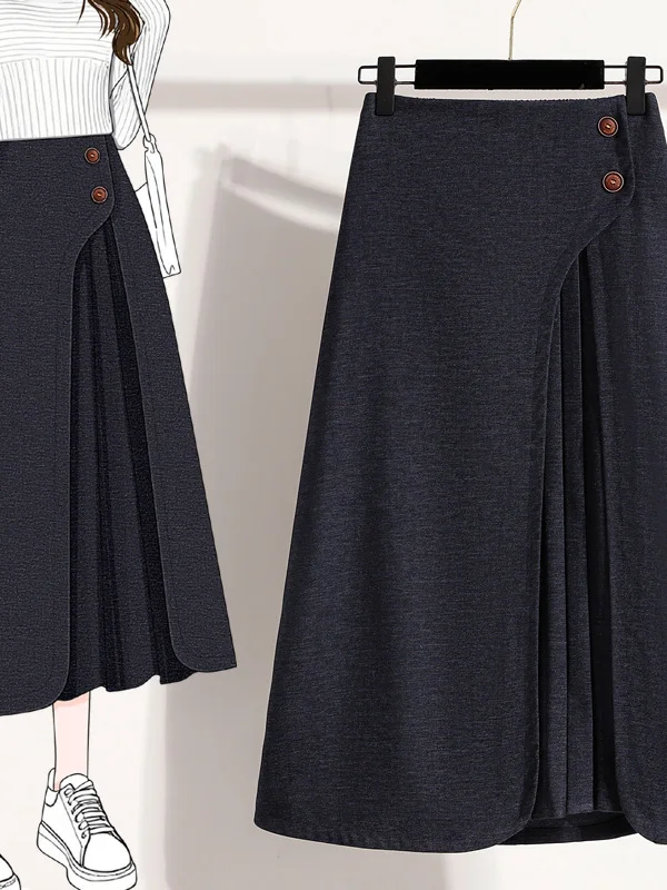 Authentic Simple Mid-Length Pleated Skirt Elastic Waist plus Size Women's Casual Commute Style Polyester Lyocell Cotton Blend