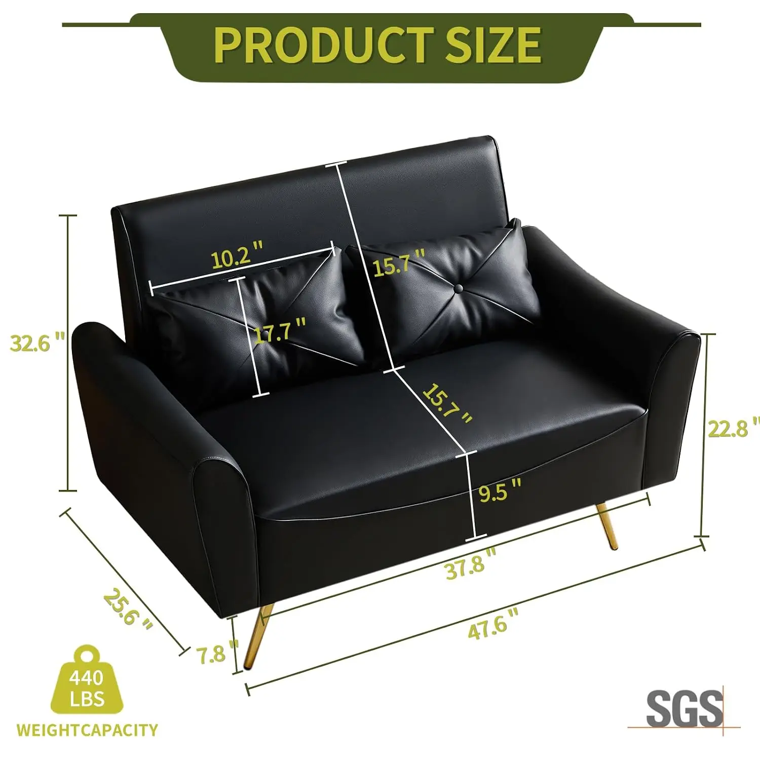 Modern Small Loveseat with 2 Pillows, 2 Seater Faux Leather Sofa for Living Room, Bedroom, Office, Apartment, 47