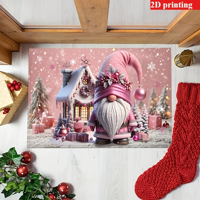 VIKAMA Christmas Entrance Doormat Pink Gnome Snow House Gift Snowflake Print Non Slip Mat For Front Door Porch Xmas Decor
