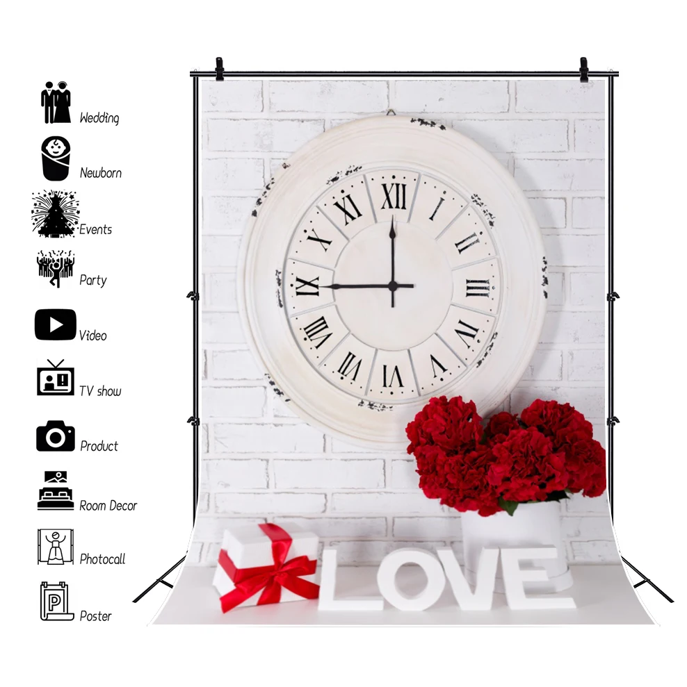 

Gray Brick Wall Clock Rose Flowers Happy Valentine's Day Party Baby Portrait Photo Background Photography Backdrop Photo Studio