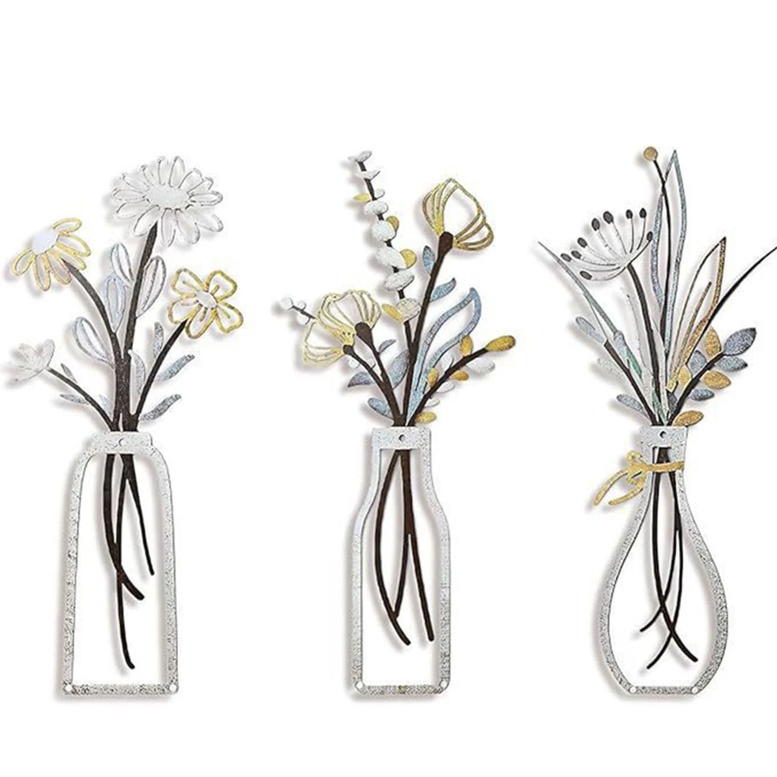Three-Piece Set, Iron Metal Vase Wall Art, Minimalist Floral Wall Trendy Scheme, Sturdy Durable, For Office, And