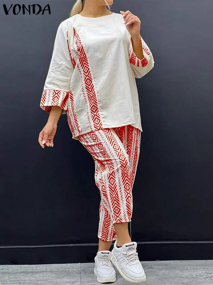 Plus Size 5XL VONDA Vintage Women Pant Sets 2024 Fashion 2pcs Casual Loose Printed Bohemian Pant Suits 3/4 Sleeve Tops Suits