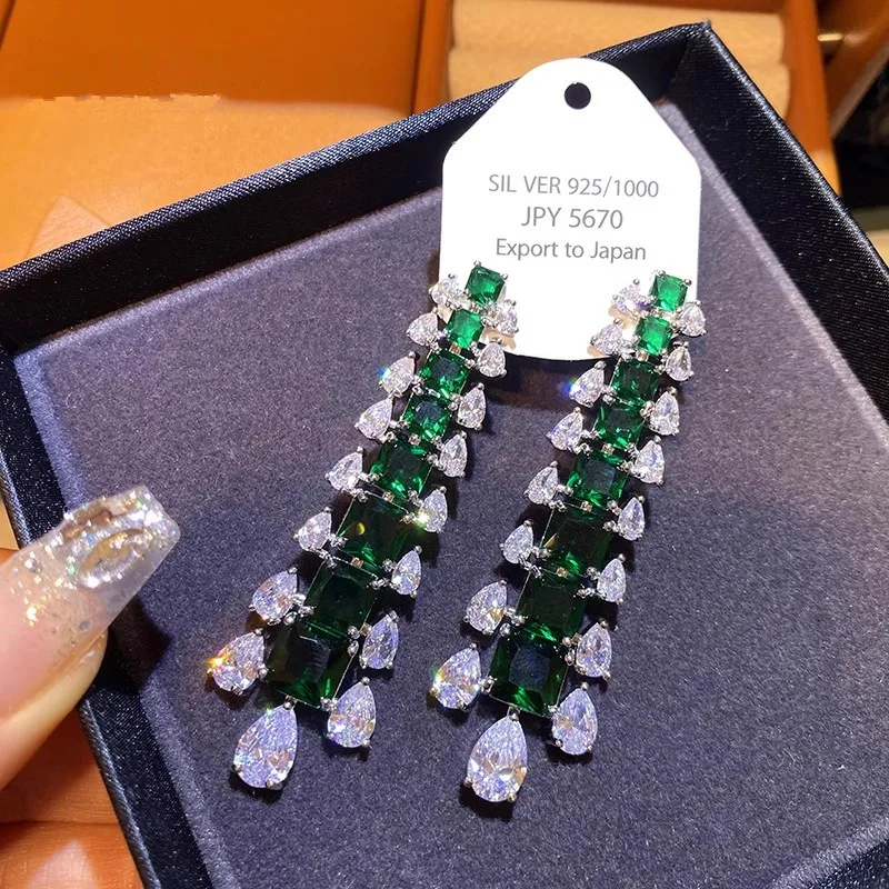 Green Gemstone Stud Drop Earrings For Women Vintage Jewelry S925 Silver Needle Shine Zirconia Party Fashion Accessories