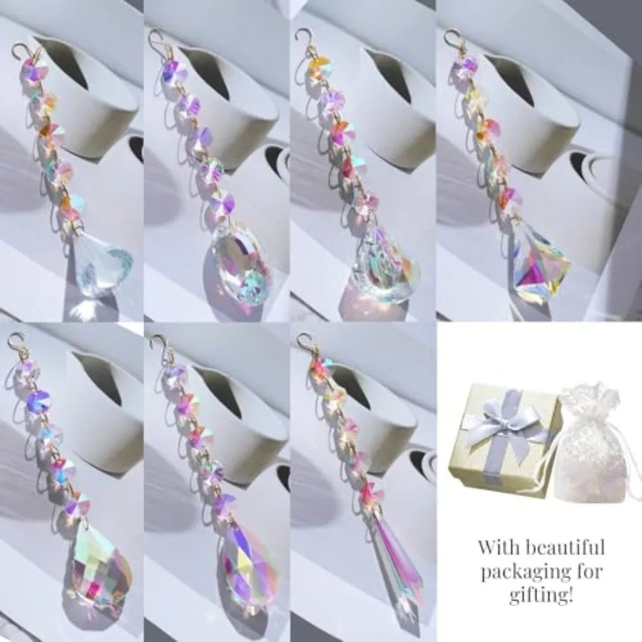 Sun Catchers for Windows Hanging, 7 Pcs Colored Crystals Suncatchers Prisms Glass Pendant Ornament for Chandelier Garden Home R