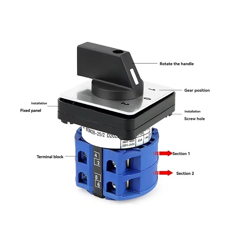 

MOPHE-переключатель LW26-25, 8 клемм, 3 положения, универсальный поворотный кулачковый фиксатор, 550 В, 20 А