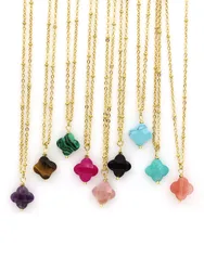 Cut Gemstone Natural Stone Clover Pendant Necklace For Women Stainless Steel Gold-plated Chain Choker Trendy Jewelry