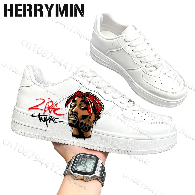 

Популярная повседневная обувь унисекс, 2PAC Тупак, уличные белые туфли для взрослых, мужские и женские белые простые туфли на шнуровке, рождественский подарок