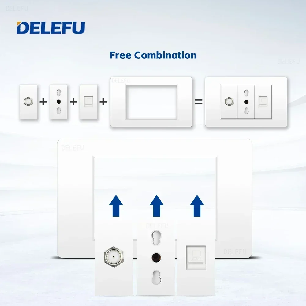 DELEFU White PC fireproof panel Italian Standard 118*74mm TEL CAT5E CAT6 TV satellite wall socket