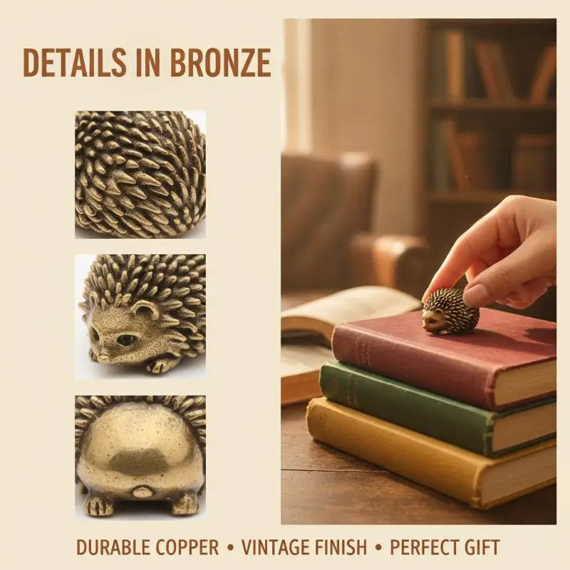 Retro Mini Brass Hedgehog Ornament Handmade Metal Animal Statue Collectible Tea Pet for Study Desk Home Decor