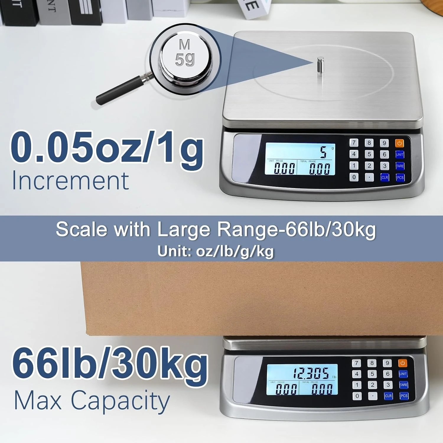 Kitchen Scale 304 Stainless Steel 66lb Commercial with Price Computing 0.05oz/1g Plug-in Usable Grey